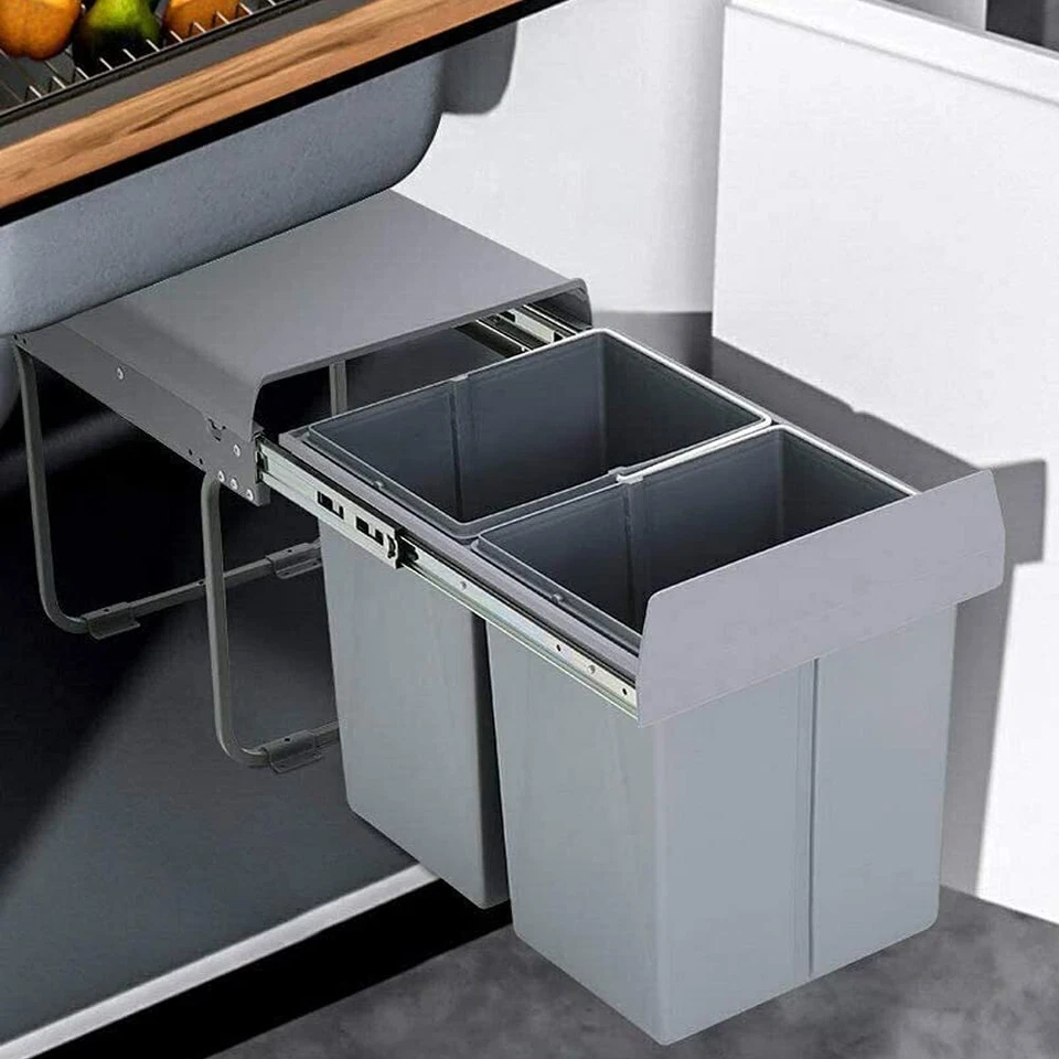 Contenedor extraíble de cocina grande integrado bajo encimera gris 400 mm gabinete 2 x 20L Foto 1 de 1