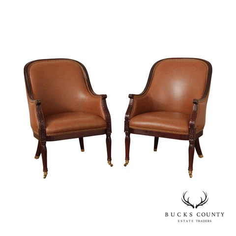 Cabot Wrenn Regency Style Pair Of Mahogany And Brown Leather Club Chairs (A) Cover