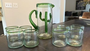 Hand Blown Glass 64 Oz Margarita Pitcher W/ 8 Matching Glasses Barware - Picture 1 of 5