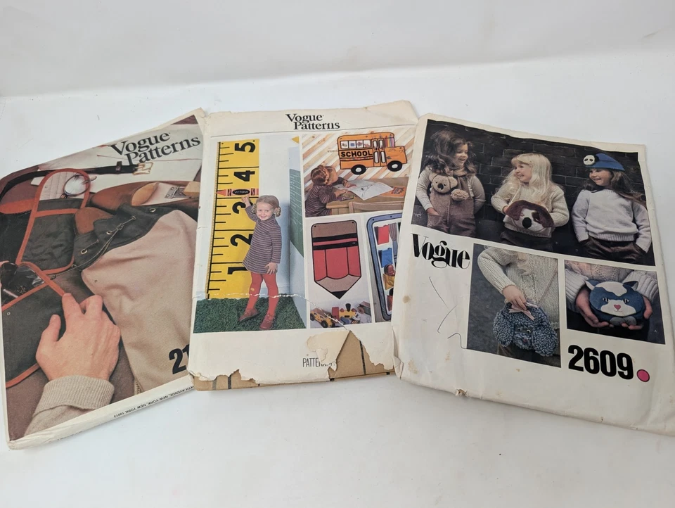 3 Vintage Vogue Sewing Pattern Duffle Bag School Bus Kids Poodle Purse 70s - Image 1 of 4