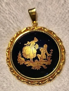 Collar De Colección LIMOGES Porcelana Pareja Cortejo CAMEO Colgante Oro Negro FRANCIA - Imagen 1 de 6