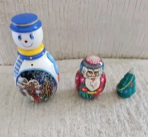 VTG 3 Pieces Hand Painted Russian Nesting Doll Snowmen Santa Christmas Tree Sign - Picture 1 of 4