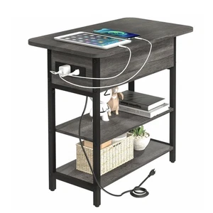 End Table with Charging Station, USB Ports, Narrow Nightstand for Small Spaces - Picture 1 of 7