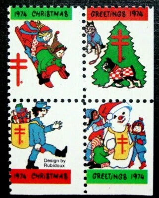US, 1974 Christmas Seals, Skewed Perf Columns, Mesh Paper, Perf 12 1/2 2S, MNH - Image 1 of 3