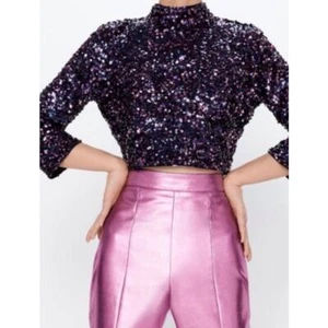 Zara Purple Sequin Crop Top w/Open Back Sparkly Party Shirt Size S - Picture 1 of 7