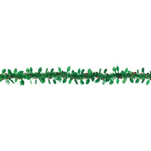 Holiday Holly & Berries Christmas Decor 9' Festive Tinsel Garland, Green Red - Picture 1 of 2