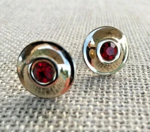 Signed Pat Pending Vintage Gold Tone Ruby Red Glass Stone Round Cufflinks - Picture 1 of 7
