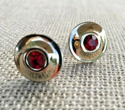 Signed Pat Pending Vintage Gold Tone Ruby Red Glass Stone Round Cufflinks - Image 1 of 4