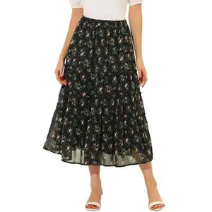 Allegra K Womens Pretty Black Floral Skirt Elastic Waist Lined Ruffle Tiered Med - Picture 1 of 5