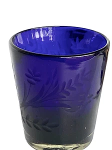 Set of 6 Heavy Blown Cobalt Glass Tumblers, Etched Honey Bees & Flowers 4" Tall - Picture 1 of 10