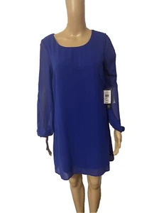 As U Wish Size S Blue Sheer Lined Mini Dress Cold Shoulder Key Hole Long Sleeve - Picture 1 of 4