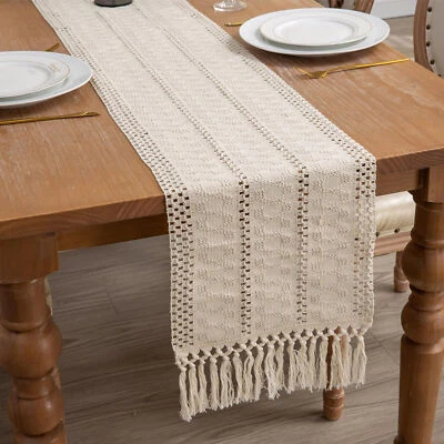 Rustic Macrame Woven Table Runner w/ Tassel Farmhouse Kitchen Dinner Boho Decor - Image 1 of 4