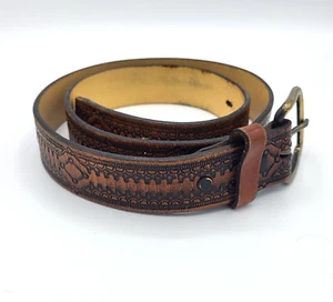 Men's Leather Tooled Embossed Belt Size 36 Brown Western Aztec Style - Picture 1 of 7