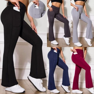 Women High Waist Flared Leggings Pants Stretchy Sports Fitness Workout Trousers - Picture 1 of 33