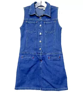 Girls Blue Denim Sheath Dress 6 6X Half Button Pocket Sleeveless Cotton Cherokee - Picture 1 of 5