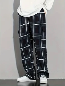 Men Size 4 XL Black Fashion Plaid Cargo Pants Durable Everyday Wear, Multiple - Picture 1 of 7