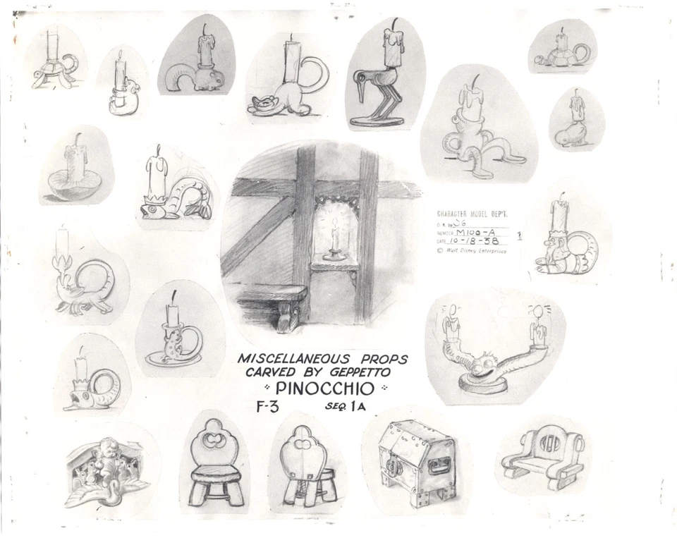 Folha de modelo de animação produção litho Pinóquio Walt Disney década de 1930 esculturas - Imagem 1 de 1