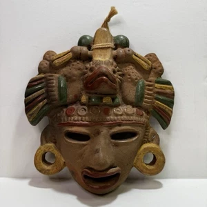 Vintage mexikanische Terrakotta Maya/Azteken Krieger Wandmaske 8”x7” handbemalt Ton - Bild 1 von 6