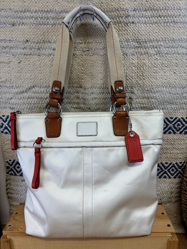 Borsa Coach Park bianca arancione nylon bordo pelle doppio manico chiusura cerniera tote bag