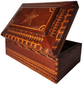 ANTICA SCATOLA PORTAGIOIE AMERICANA IN LEGNO INTARSIATO INTARSIATO XIX SECOLO CON SPECCHIO, FODERA IN VELLUTO - Foto 1 di 23