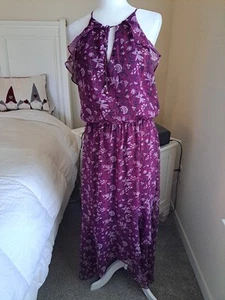 White House Black Market Purple Ruffle Floral Dress Sz 12 Excellent Condition - Picture 1 of 9