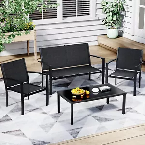 4PCS Outdoor Table and Bench Chair Set Lightweight Steel Patio Furniture Black - Picture 1 of 8