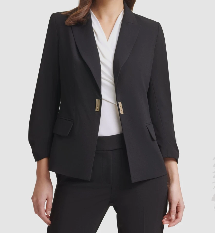 DKNY Women's Black Ruched Sleeve Logo-Clasp Blazer Jacket Petite Size 10P