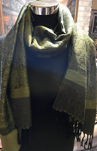 Pashmina/Silk Green/Black Fringed Designs Scarf/Wrap Cozy Stylish - Picture 1 of 6