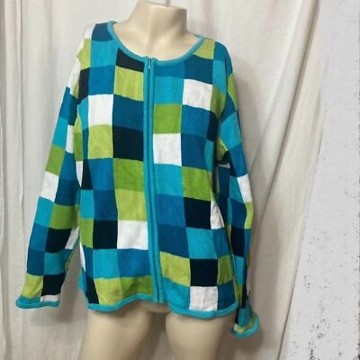 David Brooks women's zip cardigan checker blue green white 90s vintage Y2K large - Image 1 of 4
