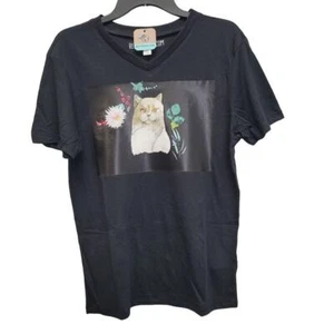 New Hand Printed Upcycled Child Small Cat Kitten Floral Short Sleeve Tee - Picture 1 of 4