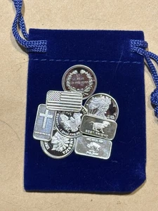 Random Assortment (6) 1 Gram .999 Silver Bars/Rounds In A Velvet Jewelry Pouch - Picture 1 of 7