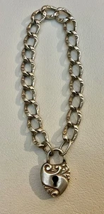 c1900 Antique Victorian Charm Chased Bracelet Sterling Silver Heart Lock 6” - Picture 1 of 8