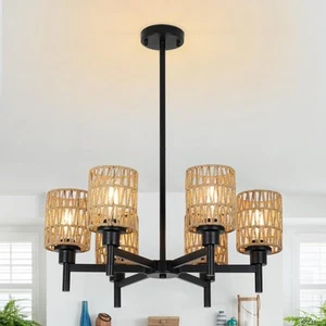 Rattan Farmhouse Chandelier for Dining Room, Black Pendant Lights Kitchen Isl... - Picture 1 of 9