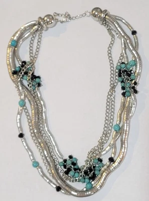 Collar Distintivo Multi Hilos Tono Plata Azul Negro Cuentas Gruesas Capas 22 pulgadas Foto 1 de 4