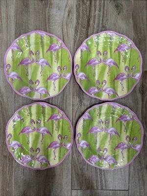 Cynthia Rowley FLAMINGOS Scalloped 10.5”Melamine Dinner Plates Pink/Green Qty 4 - Image 1 of 3