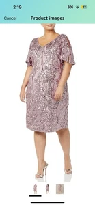 Neu mit Etikett Alex Evenings langes Kleid rosette Pailletten Dusty Rose Kurzarm Damen 14 - Bild 1 von 3