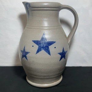 Handmade Rowe Pottery Works Large Pitcher 2000 Cambridge WI 3 Blue Stars - Picture 1 of 21