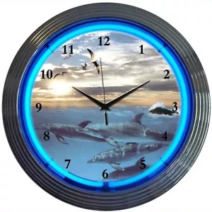 Dolphins At Sea Art Light Neon Clock 15"x15" - Picture 1 of 1