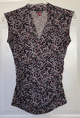 Vince Camuto Medium M Black Blue Pink Geometric Sleeveless Top Rouched Sides - Imagem 1 de 4