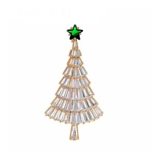 ZARD Christmas Tree Pin Brooch Green Star CZ Accents Gold-Tone Holiday Jewelry