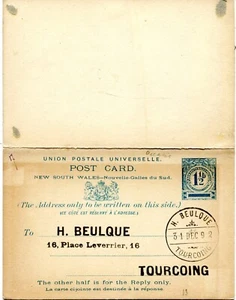 NEW SOUTH WALES (S225) 1892 postal stationery + reply not travelled - Picture 1 of 2
