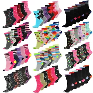 Ladies Womens Socks Cotton Blend Coloured Design 3 6 12 Pairs Adults 4-7 - Picture 1 of 13