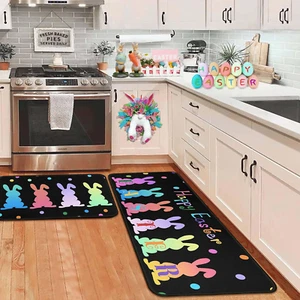 Happy Easter Bunny Rabbits Decorative Kitchen Rugs Set of 2, Home Seasonal Sprin - Picture 1 of 18