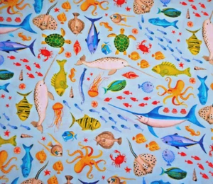 Cotton Fabric Half-Yard Once Upon a Mermaid Fish Sealife Blue Sea Robert Kaufman - Picture 1 of 2