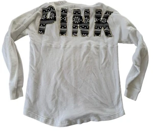 VICTORIAS SECRET PINK BLING OVERSIZE "PINK" CREW DOG SWEATSHIRT XS Sequin Rare - Picture 1 of 11