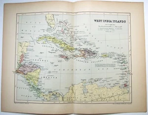 West India Islands - Original 1895 Map by W &AK. Johnston. Cuba Jamaica Indies - Picture 1 of 2