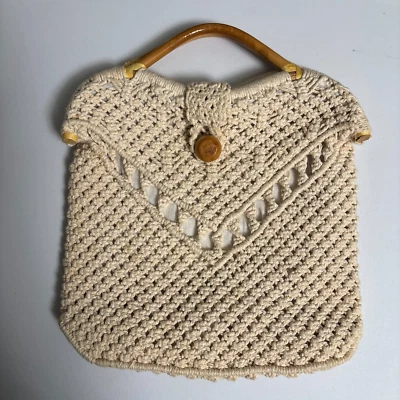 Vintage Macrame Bag Cream Bamboo Handle Boho Cottage Western Retro Hippie 70s - Image 1 of 4