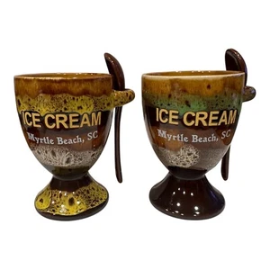 (2) Myrtle Beach, SC Mottled Marble Ceramic Pottery Ice Cream Cup/Dish w/ Spoons - Picture 1 of 7
