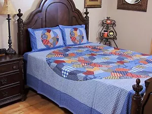 Blue-Gray Cotton Indian Bedding Set Geometric Print Flat Sheet Pillowcases Queen - Picture 1 of 1
