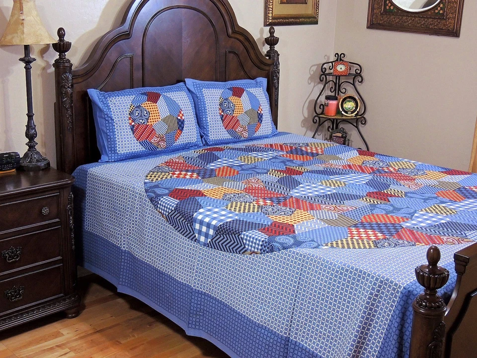 Blue-Gray Cotton Indian Bedding Set Geometric Print Flat Sheet Pillowcases Queen - Image 1 of 1